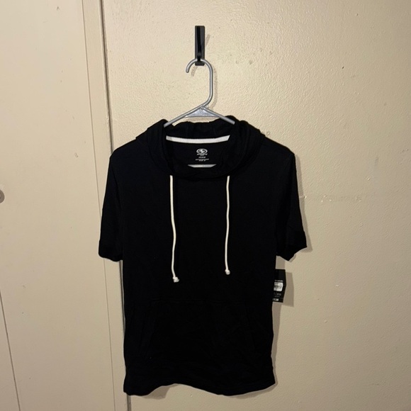 Black Short Sleeve Hoodie with White Drawstrings - Picture 1 of 4